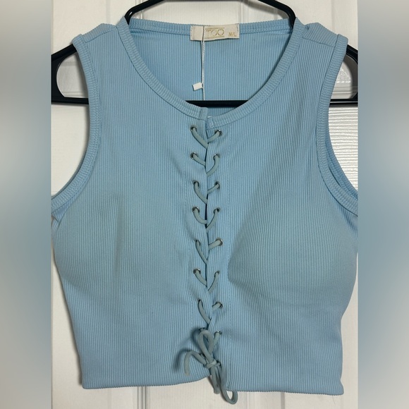 Blue Ribbed Tie Front Crop Top - Picture 1 of 7